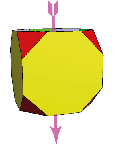 6-phase cycle of axial transformations of drilled truncated cube 