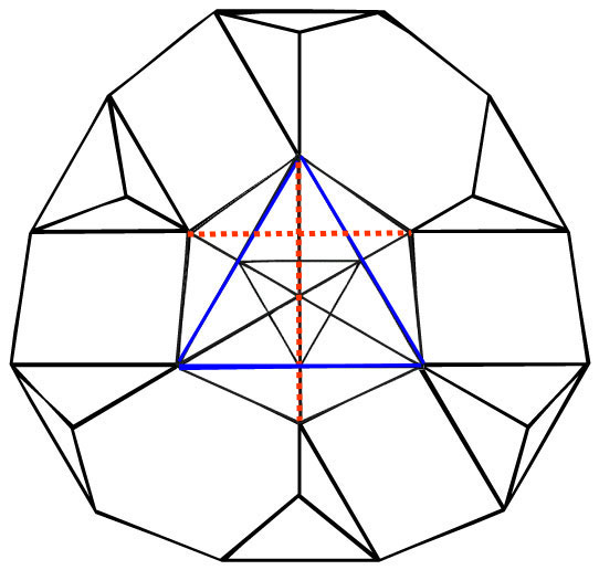 Contrasting perspectives along one diagonal of the drilled truncated cube 
