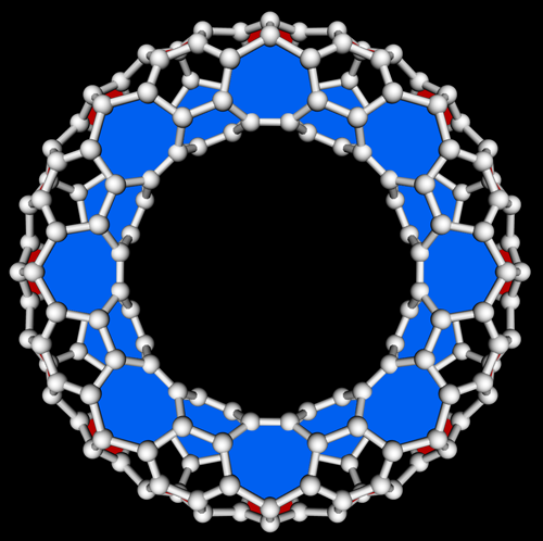 Toroidal fullerene with pentagons and heptagons surrounded by hexagons (polar view)