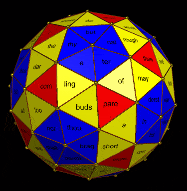 Attribution of 140 sonnet syllables to  faces of 1-frequency snub dodecahedral geodesic sphere