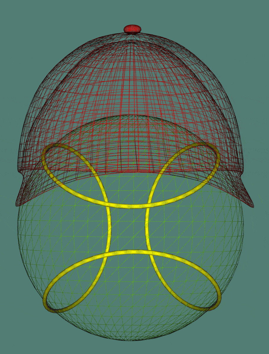 Animation of single large baseball cap in relation to baseball curve in 3D