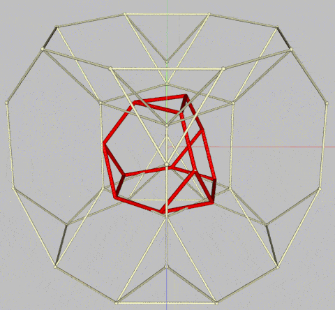 Rotation of truncated tetrahedron nested within drilled truncated cube
