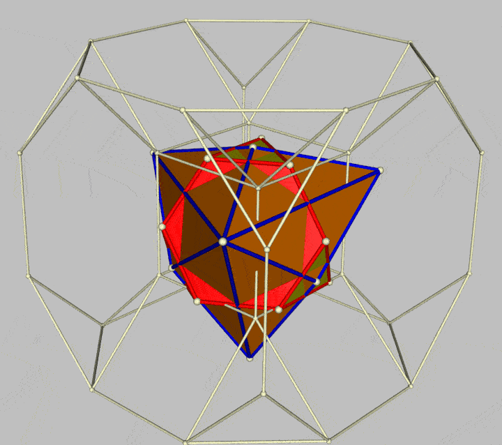 Rotation of truncated tetrahedron with dual nested within drilled truncated cube