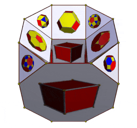 Animation of drilled truncated cube showing 16 Archimedean and Platonic polyhedra and their 16 duals