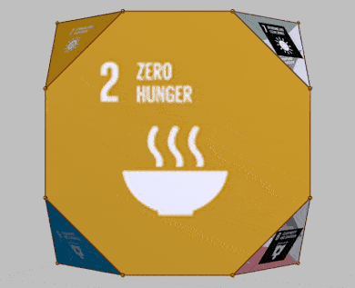 Use of 32 sides of drilled truncated cube to represents 16 SDGs and 16 "own goals"
