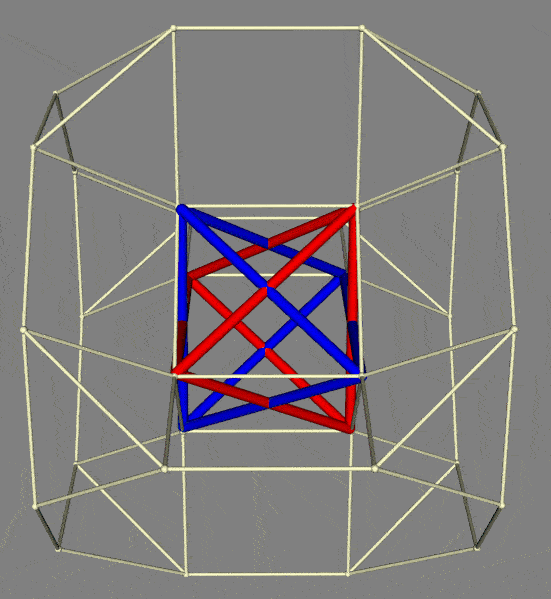 Angled animation of dynamics of tetrahedra nested within drilled truncated cube