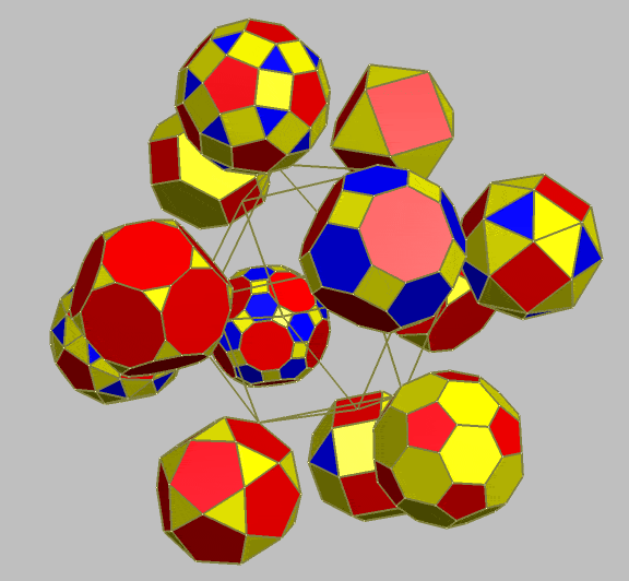 Rotation of cuboctahedral array of 12 polyhedra 